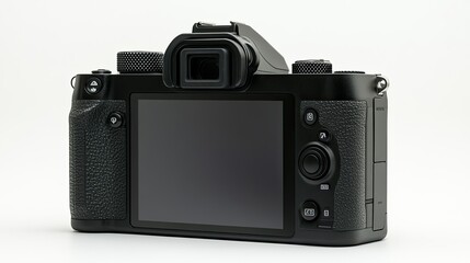 Black digital mirrorless camera side profile with blank LCD screen, sharp focus on buttons, isolated against a clean white background