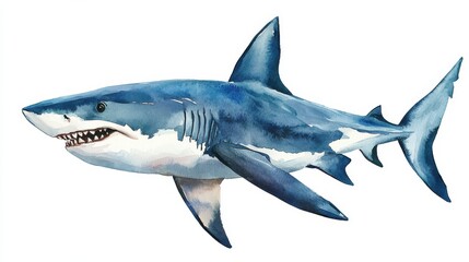 Fototapeta premium A detailed watercolor depiction of a great white shark swimming gracefully in ocean waters