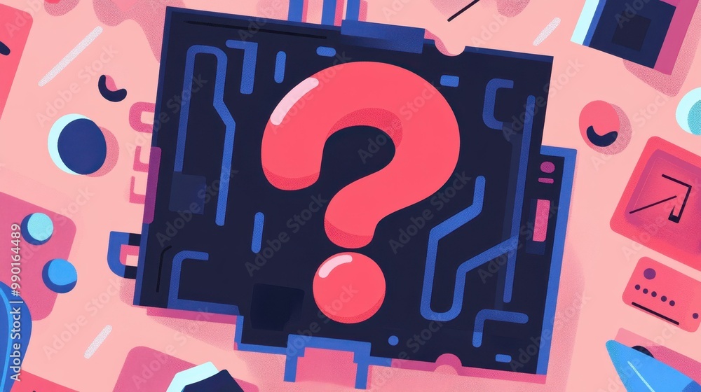 Poster explore a colorful circuit board design rich with playful textures, intriguing question marks, and a