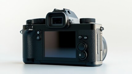 Black mirrorless camera isolated on white, side view with focus on buttons and blank LCD screen, full depth of field with clean, sharp details