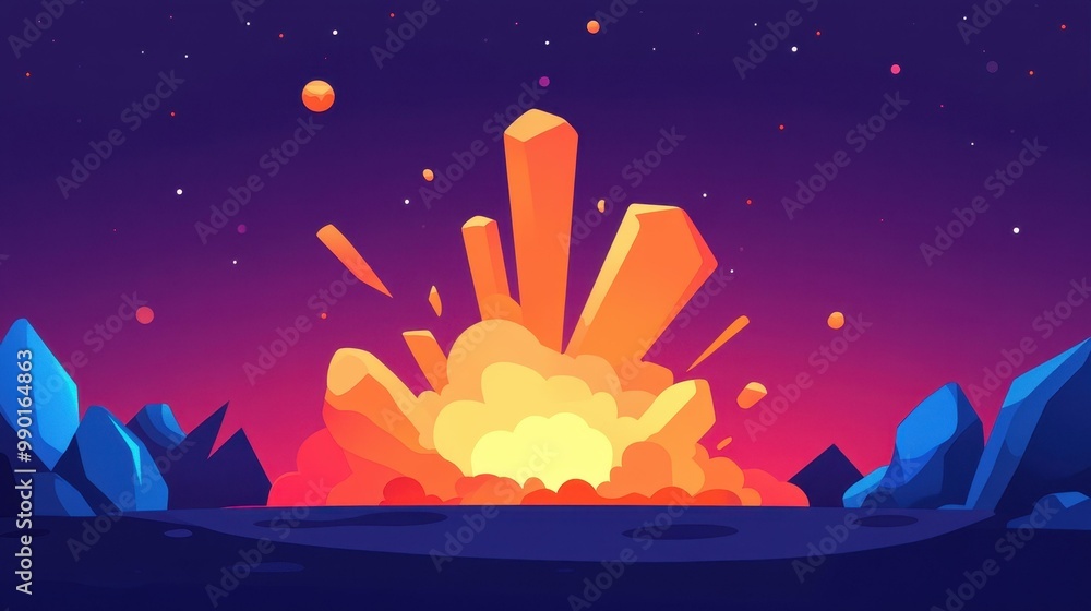 Poster vibrant lava explosion design, fusing flat art with playful textures, ideal for sparking creativity 