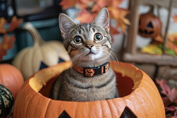 cat on background of Halloween decorations and  pumpkins. autumn vibe fills the festive home, traditional holiday celebration