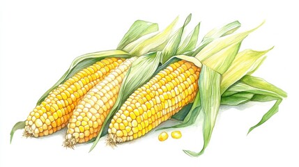Three ripe ears of corn with husks resting on a white background showcasing their vibrant yellow kernels and green leaves