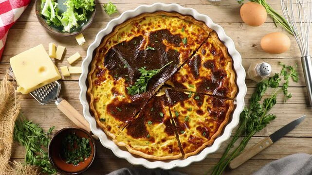 Top view of homemade quiche on a wooden background &ndash; savory French pie with a golden crust, filled with eggs, cheese, and vegetables. Ideal for lunch or brunch, perfect for family gatherings.
