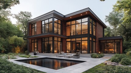 Obraz premium Modern two-story house with large windows and a pool.