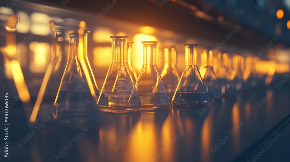 Poster a row of glass erlenmeyer flasks in a laboratory setting