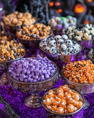 Halloween party snacks in holographic silver and purple colors. Creative, spooky treats make for fun, festive party. Ideal for kids and autumn events