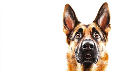 A detailed portrait of a German Shepherd dog with expressive eyes against a plain backdrop highlighting its unique features