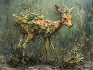 Surreal Deer Painting: Nature's Transformation
