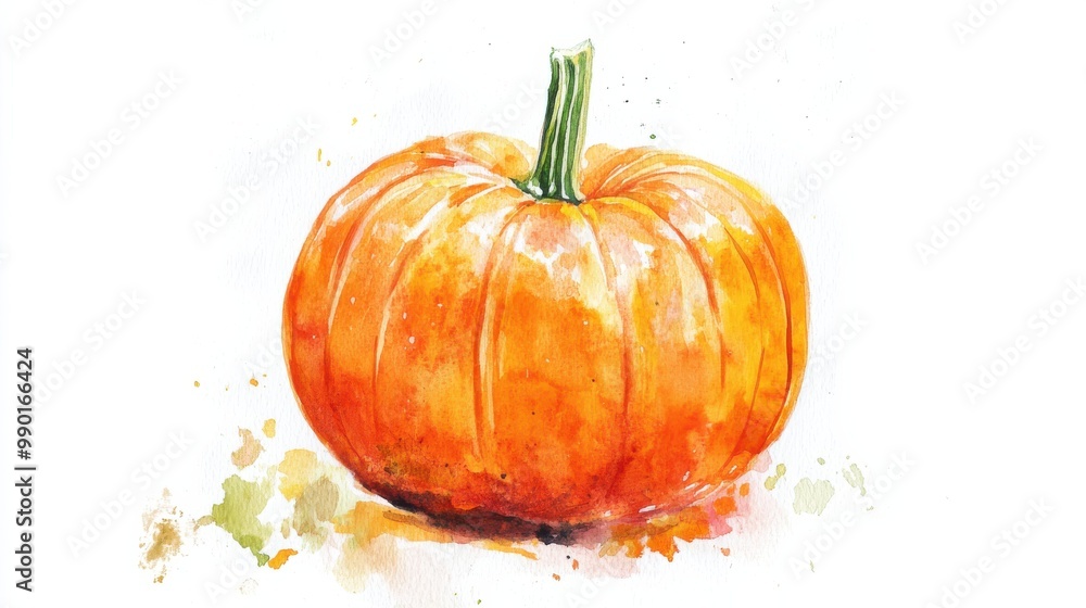 Poster bright orange pumpkin illuminated in soft light with vibrant watercolor accents and a subtle splash 