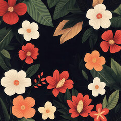 A botanical illustration featuring exotic flowers and leaves in a dense, jungle-like setting, capturing the essence of tropical nature,