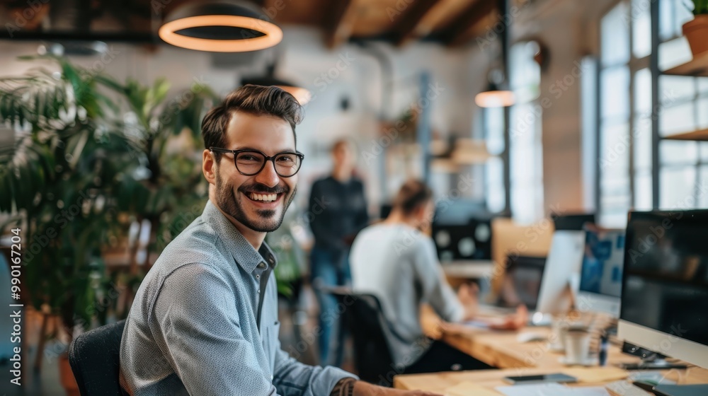 Aufkleber a man wearing glasses and a shirt is smiling in front of a computer