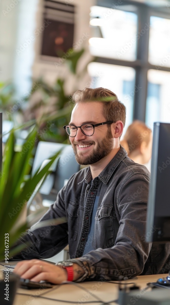 Aufkleber a man wearing glasses and a grey shirt is smiling while working on a computer