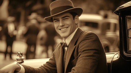 Young man in vintage attire smiles while seated in classic car at an outdoor event from the early 20th century