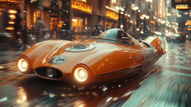 Futuristic Orange Car Speeding Through a Rainy City
