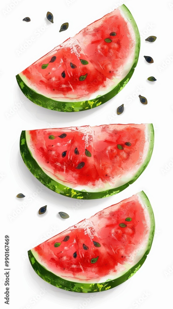 Poster slices of ripe watermelon arranged artfully on a white background with scattered seeds enhancing the