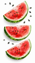 Slices of ripe watermelon arranged artfully on a white background with scattered seeds enhancing the summer vibe