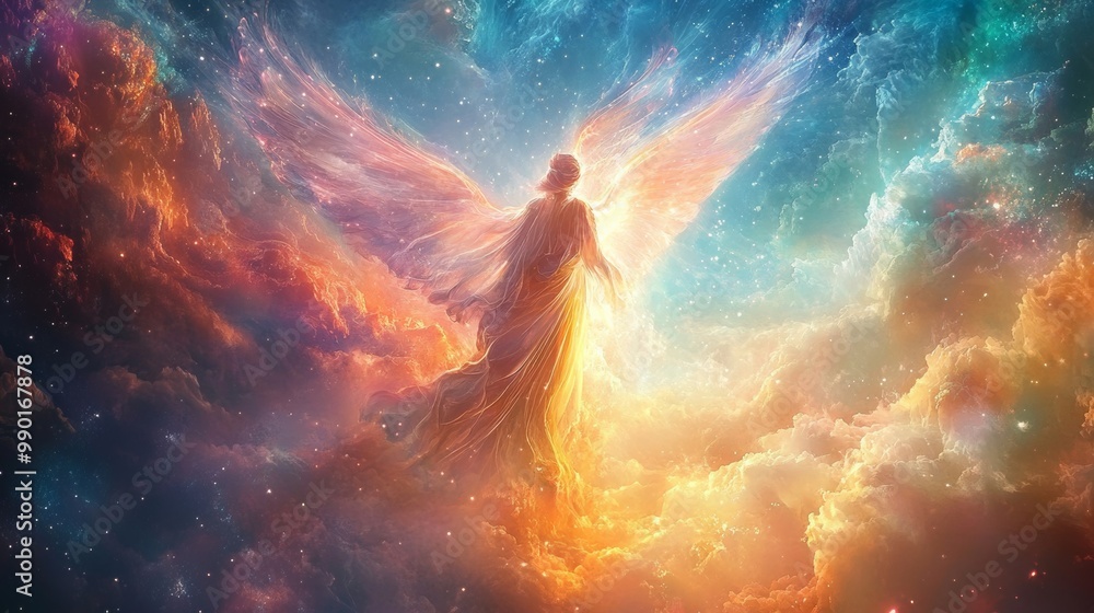 Poster a celestial being with radiant wings soars through a vibrant cosmic landscape filled with colorful c