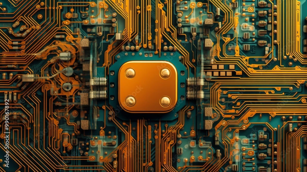 Poster a close up of a computer chip with a gold colored square on it
