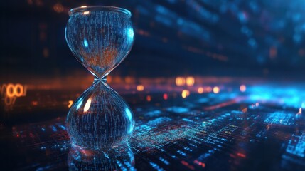 An hourglass with digital pixels or binary codes flowing like sand
