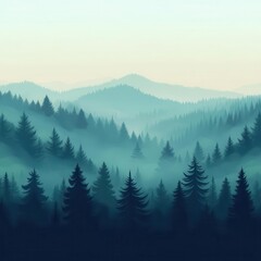 A misty morning forest scene with grainy gradients transitioning from deep blues to soft greens, evoking tranquility