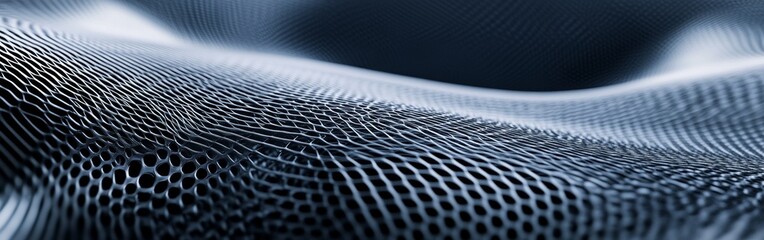 Close-up of textured black mesh fabric highlighting intricate patterns and wave-like formations in natural light