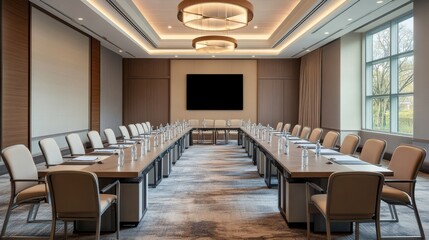 Modern conference room with long tables, chairs, and natural light ideal for meetings in a corporate setting