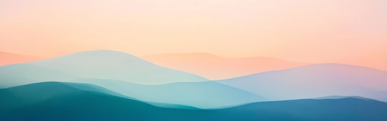 Soft pastel hues blend over rolling hills at sunrise, creating a serene, tranquil atmosphere in the early morning light