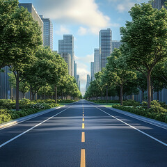 A straight road with trees on both sides, city buildings in the background