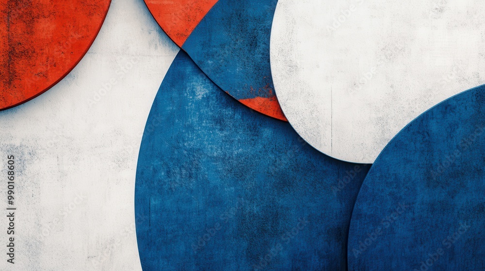 Poster abstract geometric shapes in blue, red, and white create a modern art composition on a textured back