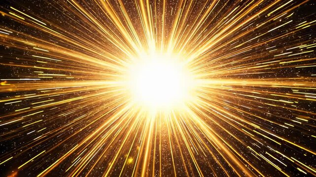 Intense golden light source emanates from center, creating dazzling starburst pattern. Shimmering particles dance around central glow, enhancing cosmic atmosphere. 