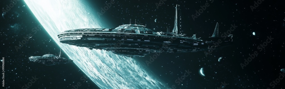 Poster A futuristic spacecraft orbits a colorful planet in deep space during an imagined cosmic exploration journey