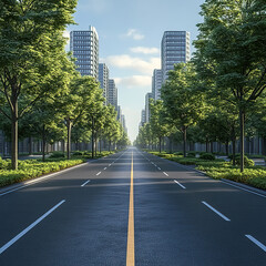A straight road with trees on both sides, city buildings in the background
