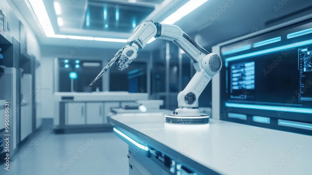 Poster a robotic arm working in a modern laboratory setting featuring advanced technology and sleek design 