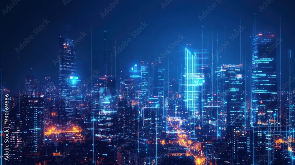 Poster illuminated city skyline at night with digital enhancements showcasing modern architecture and techn