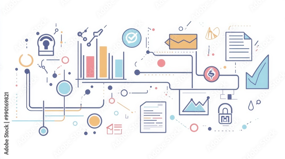 Aufkleber colorful vector graphic representing data analysis, financial growth, and security concepts in a mod