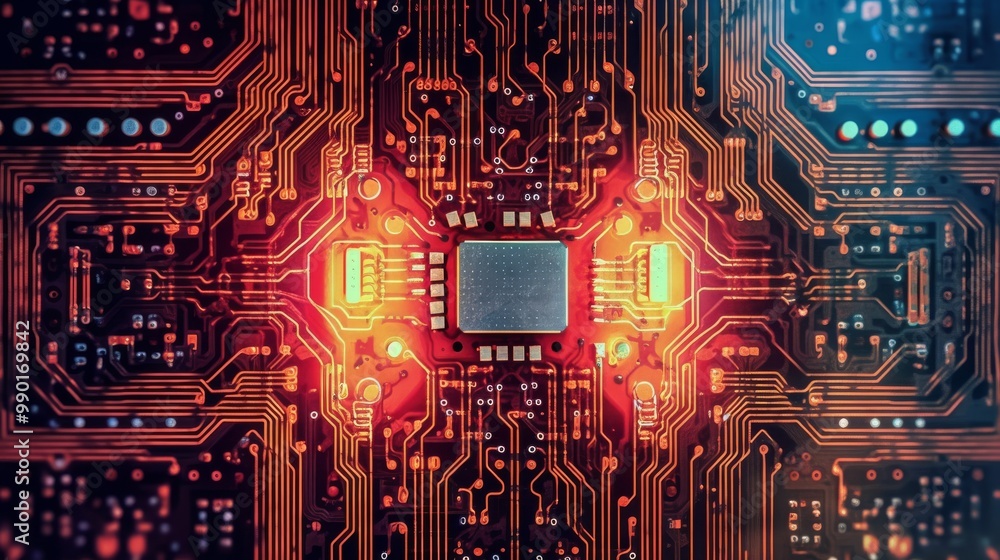 Poster a close up of a computer chip with a red and orange background