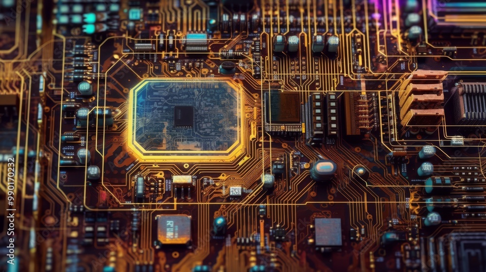 Poster a close up of a computer chip with a yellowish tint