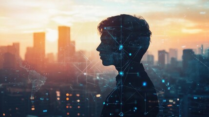 A person overlooking a city skyline at sunset with digital overlay representing technology and innovation