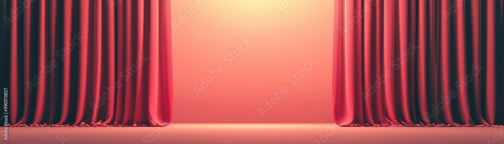 Poster elegant red curtains drawn back, revealing a soft illuminated background, creating a dramatic stage 