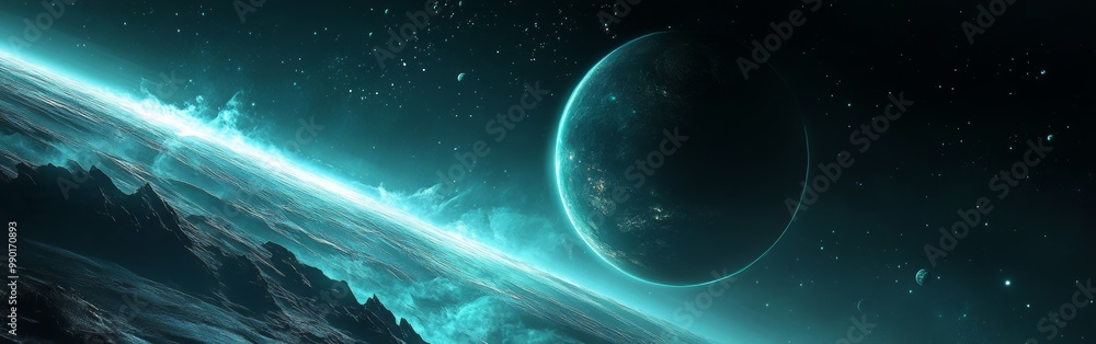 Aufkleber Stunning view of a distant planet with vibrant colors and swirling cosmic elements in the vastness of space during a serene twilight