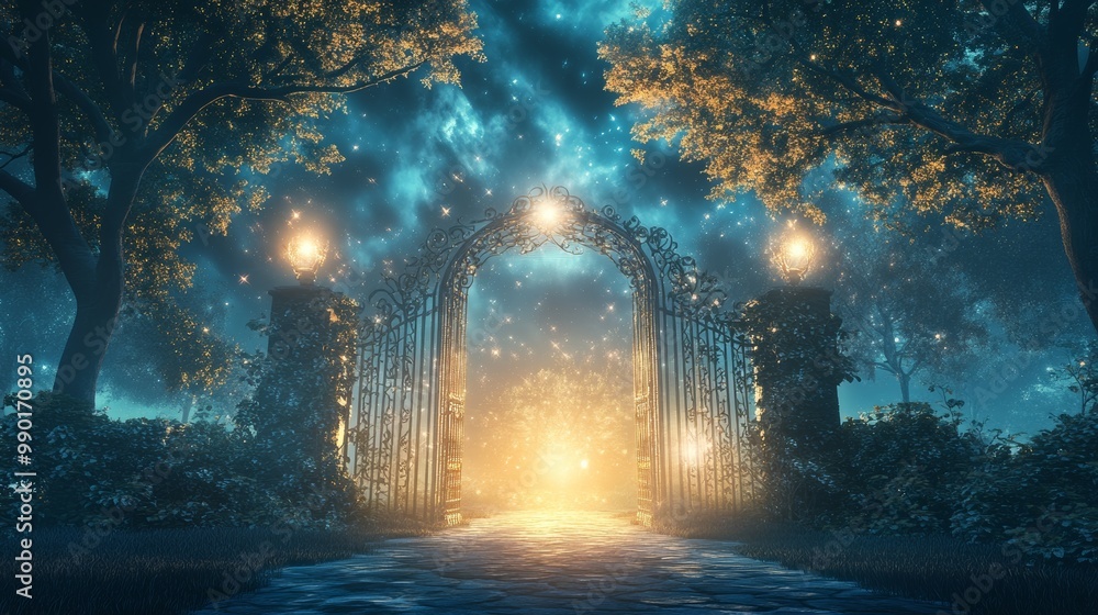 Poster A mystical gate opening to an enchanting light in a serene forest at twilight surrounded by glowing foliage