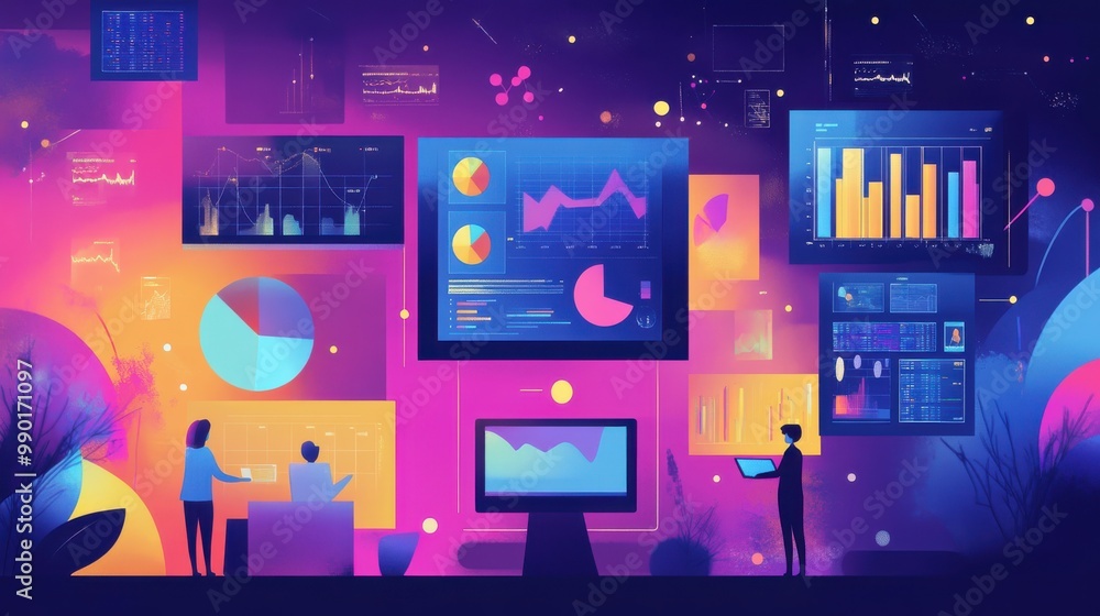 Poster dynamic data analysis and visualization in a modern workspace showcasing colorful graphs and statist