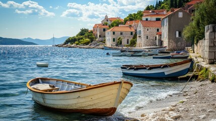 Fototapeta premium Serene coastal village with traditional wooden boats moored along the shoreline in a sunny afternoon setting