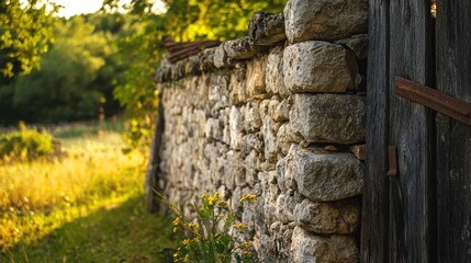 Naklejka premium A rustic stone wall surrounded by wildflowers in a serene landscape during the golden hour