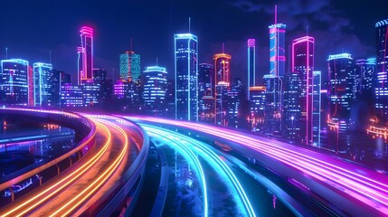 Vibrant Neon Cityscape with Elevated Walkways and Glowing Lights at Night