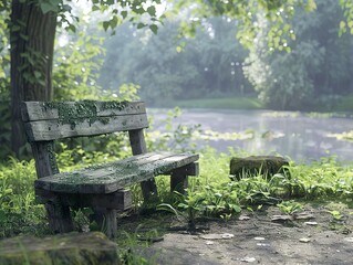 Serene Bench by the Lake in a Lush Forest