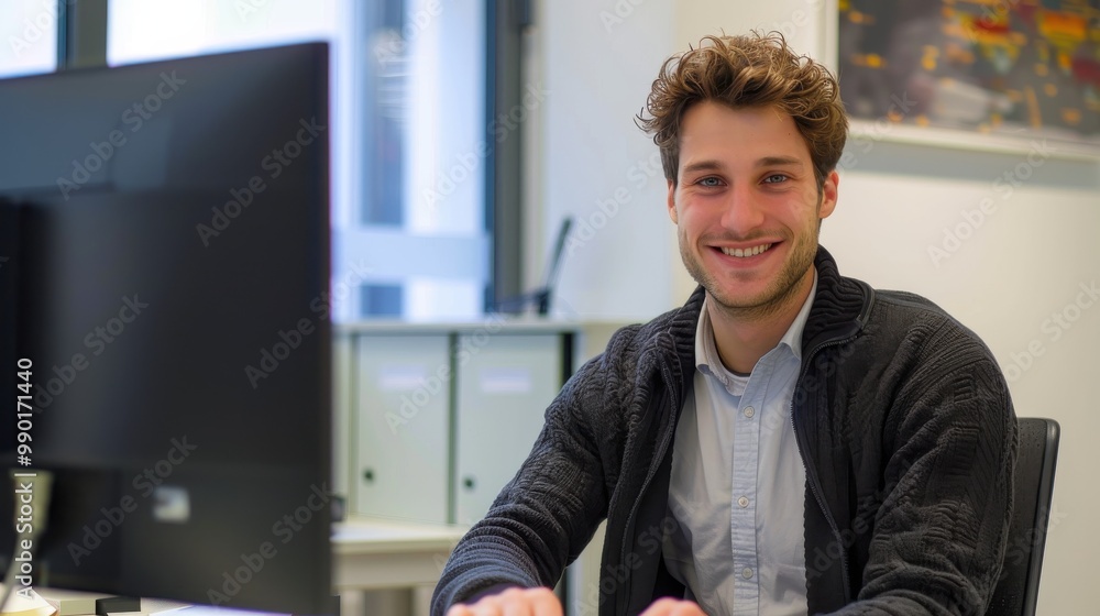 Aufkleber a man is sitting at a desk with a computer monitor in front of him
