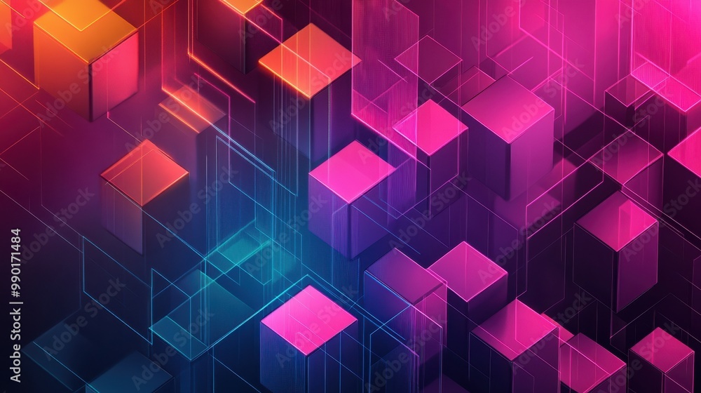 Poster abstract geometric shapes in vibrant colors create a dynamic digital background suitable for technol