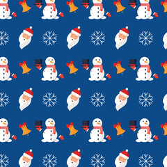 Seamless pattern with Santa, snowman and snowflakes on blue background. Merry Christmas.